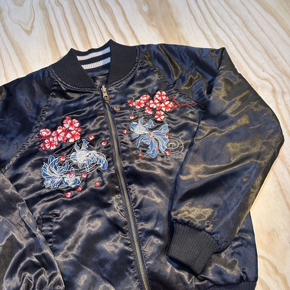 Japan Reversible Sukajan Bomber Jacket Black Embroidered Dragon Koi Fish Medium